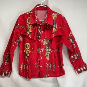 Kids Red Southwestern Native American Print Long‎ Sleeve Snap Button Shirt